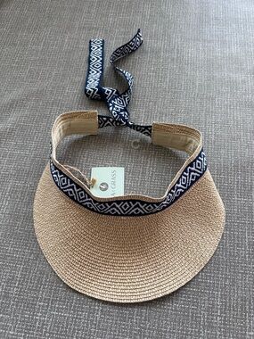 Sea‎ & Grass Beige Straw Visor Hat Blue White Aztec Tie Back Beach Sun Hat